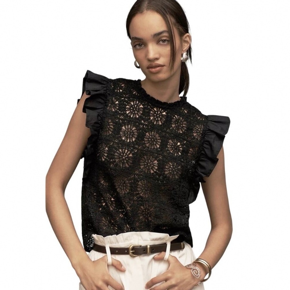 By Design Womens Size Medium Emma Crochet Body Blouse Poplin Ruffle Sleeve Black